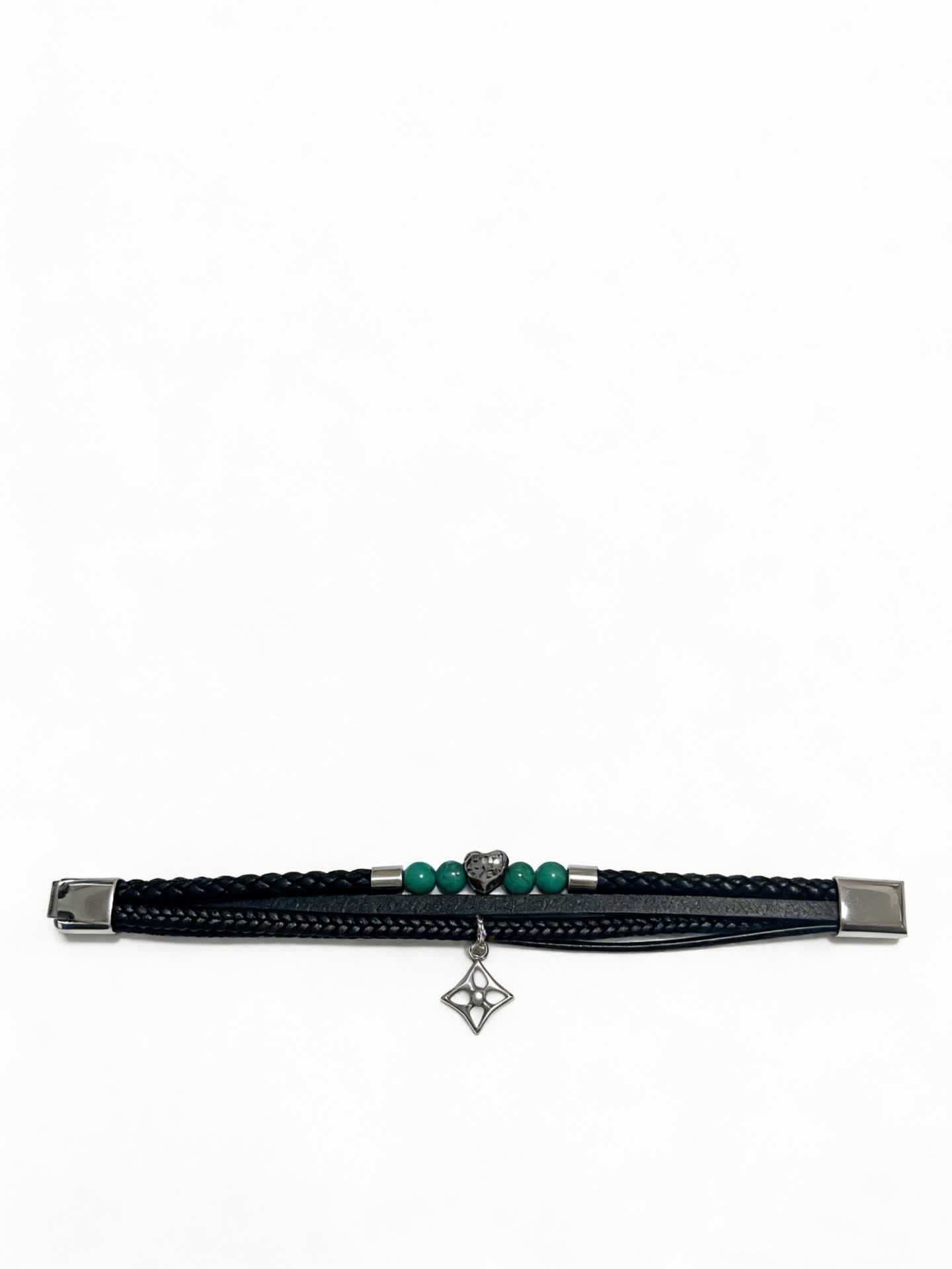 Louis Vuitton Men's Double Wrap Bracelet with Green Beads and Silver Charm